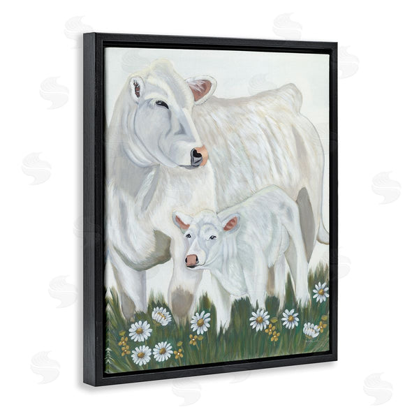 Stupell Industries Ashley Justice | White Cattle Family Mother Baby Calf Daisy Meadow Wall Art