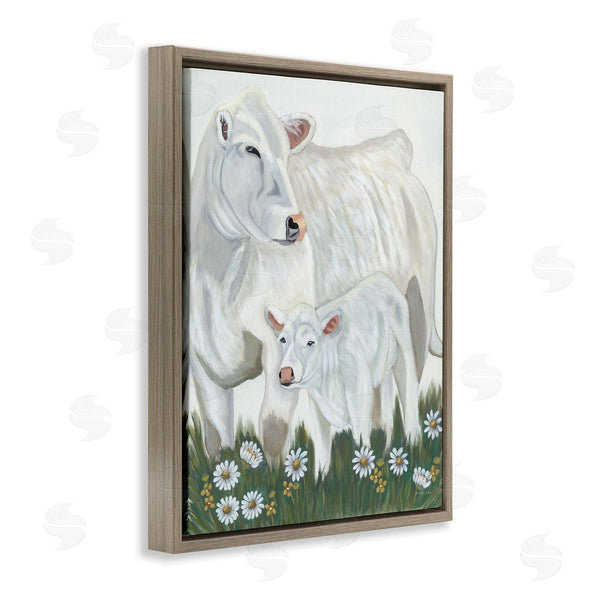 Stupell Industries Ashley Justice | White Cattle Family Mother Baby Calf Daisy Meadow Wall Art
