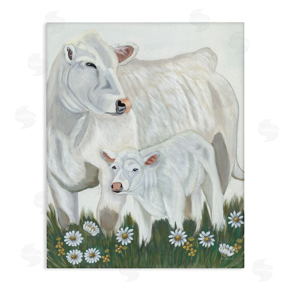 stupell industries Ashley Justice | White Cattle Family Mother Baby Calf Daisy Meadow Wall Art