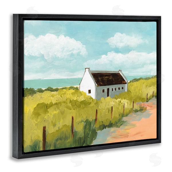 Stupell Industries Bart E. Slyp | White Cabin Architecture Grassy Coastal Beach Landscape