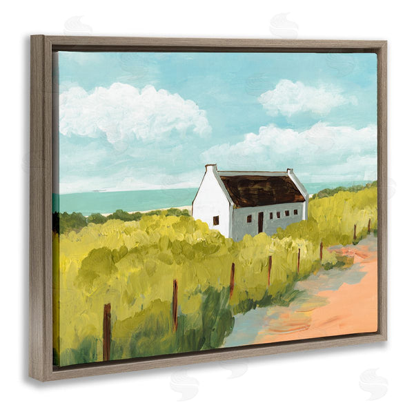Stupell Industries Bart E. Slyp | White Cabin Architecture Grassy Coastal Beach Landscape
