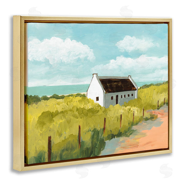 Stupell Industries Bart E. Slyp | White Cabin Architecture Grassy Coastal Beach Landscape