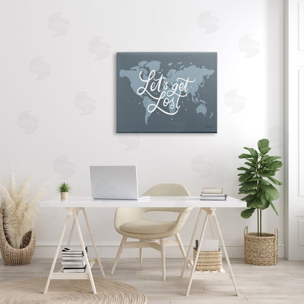 Stupell Industries Becky Thorns | Let's Get Lost Adventure Phrase Blue World Map Wall Art