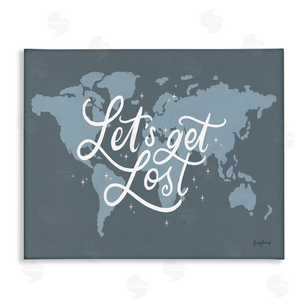 stupell industries Becky Thorns | Let's Get Lost Adventure Phrase Blue World Map Wall Art