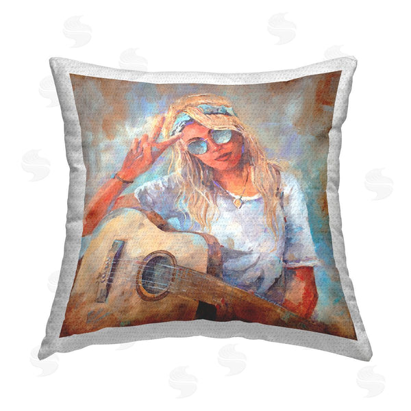 Stupell Industries Bill Drysdale | Boho Guitarist Woman Peace Sign Printed Throw Pillow