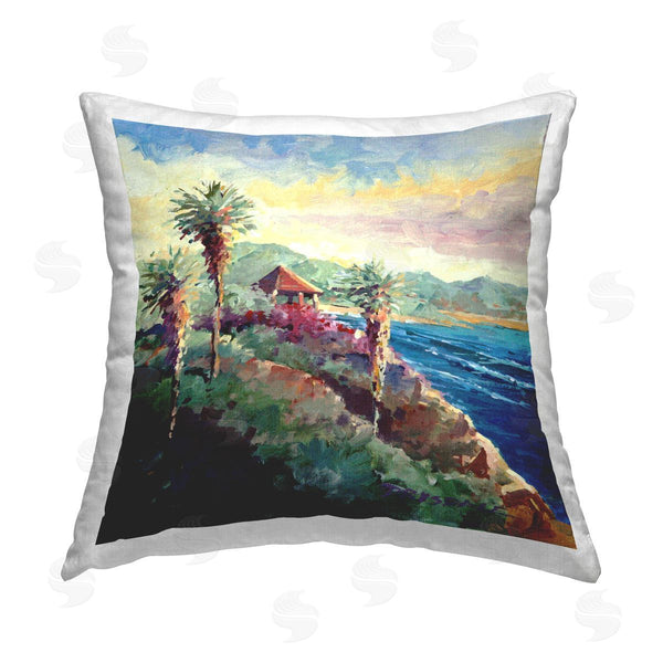 stupell industries Bill Drysdale | Coastal Beach Hut Tropical Palms Printed Throw Pillow