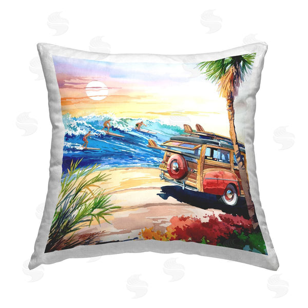 stupell industries Bill Drysdale | Tropical Beach Surfing Ocean Waves Printed Throw Pillow