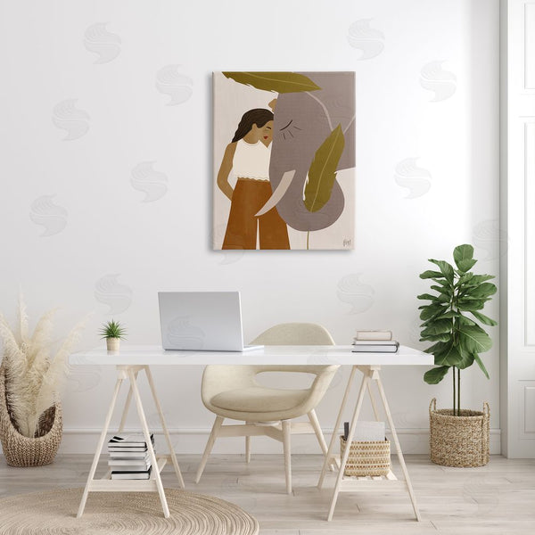 Stupell Industries Birch & Ink | Female Standing With Elephant Earth Tone Portrait Wall Art