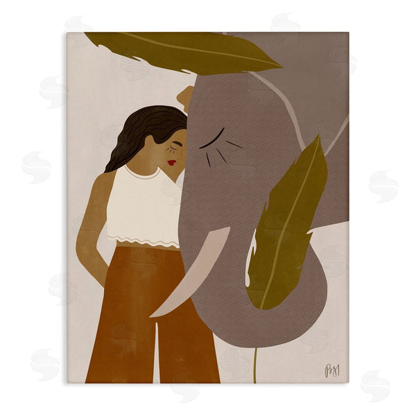 stupell industries Birch & Ink | Female Standing with Elephant Earth Tone Portrait Wall Art