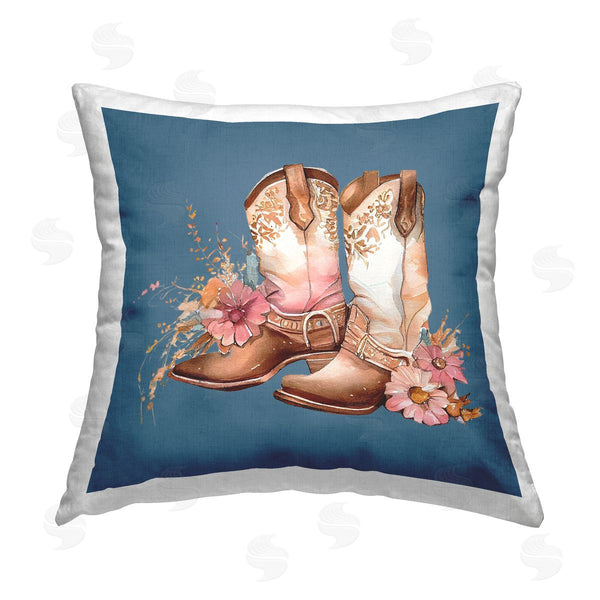 stupell industries Birch & Ink | Floral Cowgirl Boots on Blue Printed Throw Pillow