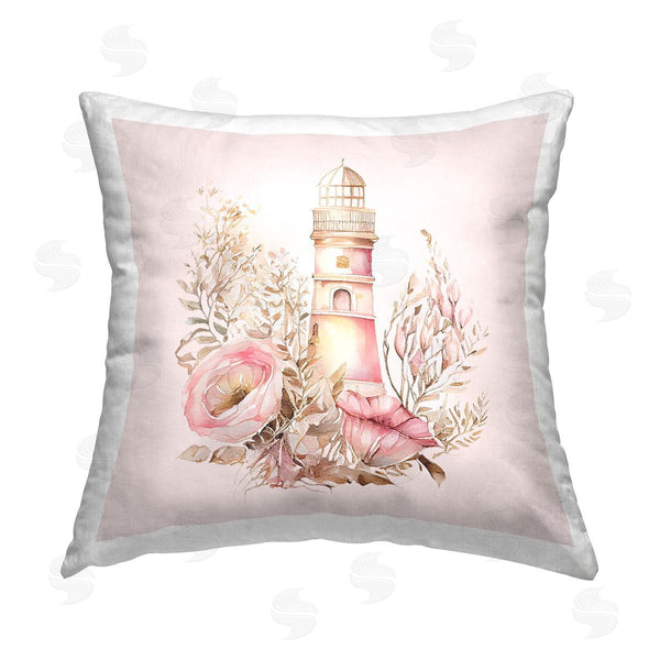 stupell industries Birch & Ink | Pink Floral Lighthouse Printed Throw Pillow
