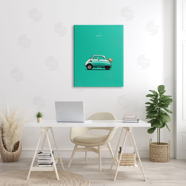 Stupell Industries Birch & Ink | Retro Italian Vehicle Isetta Turquoise Green European Car Trio Of Desert Camels Under Abstract Sunrise Shape Wall Art