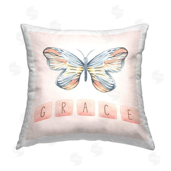 stupell industries Blue Chair Blessing | Grace with Butterfly Printed Throw Pillow