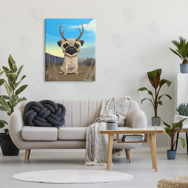 Stupell Industries Brian Rubenacker | Funny Field Pug Wild Pet Dog With Antlers Wall Art