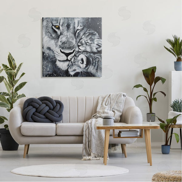 Stupell Industries Britt Hallowell | Loving Baby Tigers Cuddling Mother Monochrome Portrait Wall Art