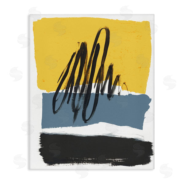 stupell industries Bronwyn Baker | Abstract Squiggle Over Vibrant Shapes Yellow Blue