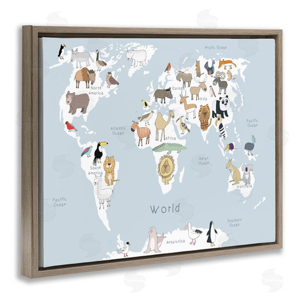 Stupell Industries Carla Daly | Children's Animal World Map Playful Illustration Light Blue Wall Art