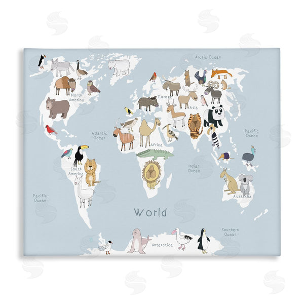 stupell industries Carla Daly | Children's Animal World Map Playful Illustration Light Blue Wall Art