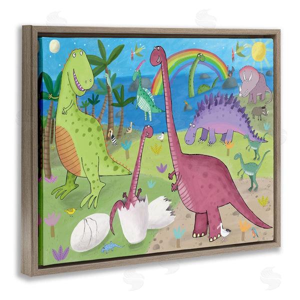 Stupell Industries Carla Daly | Happy Dinosaurs Playing By Rainbow Illustration Wall Art