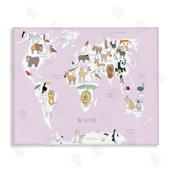 stupell industries Carla Daly | Kid's Map of the World with Animals Light Pink Wall Art