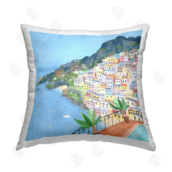 Stupell Industries Carla Daly | Tropical Ocean View City Buildings Printed Throw Pillow