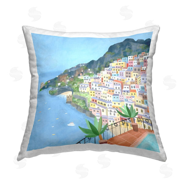 stupell industries Carla Daly | Tropical Ocean View City Buildings Printed Throw Pillow