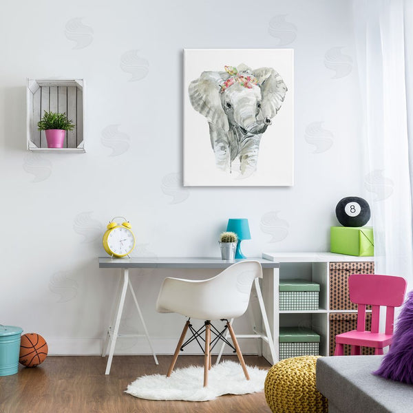 Stupell Industries Carol Robinson | Chic Baby Elephant With Floral Print Hair Tie Wall Art