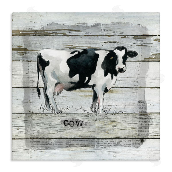 stupell industries Carol Robinson | Country Dairy Cow over Rustic Pattern Book Collage Wall Art