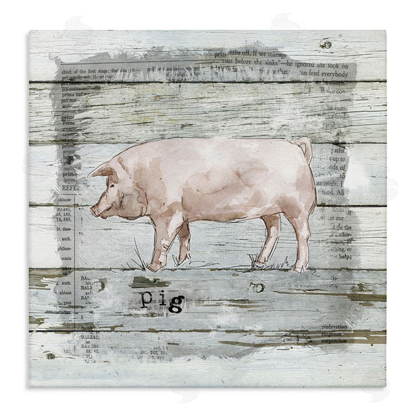 stupell industries Carol Robinson | Country Pink Pig over Book Collage Rustic Pattern Wall Art