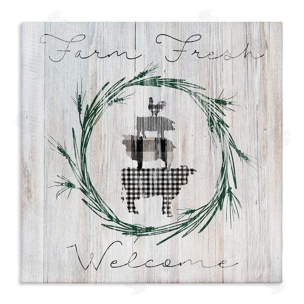 stupell industries Carol Robinson | Farm Fresh Welcome Sign Tartan Cow Laurels Wall Art