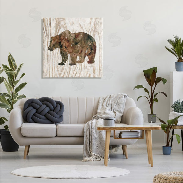 Stupell Industries Carol Robinson | Forest Bear Watercolor Silhouette Rustic Grain Pattern Wall Art