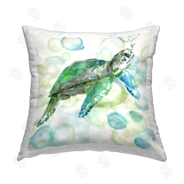 stupell industries Carol Robinson | Green Turtle on Bubbles Printed Throw Pillow
