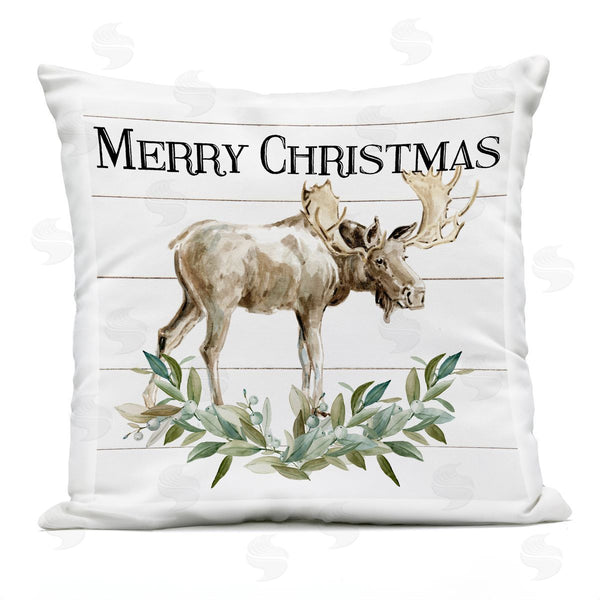 Stupell Industries Carol Robinson | Merry Christmas Botanical Moose Plank Pattern Printed Throw Pillow