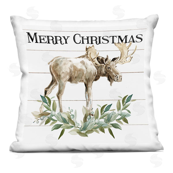stupell industries Carol Robinson | Merry Christmas Botanical Moose Plank Pattern Printed Throw Pillow