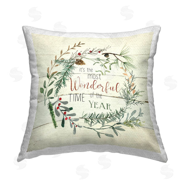 Stupell Industries Carol Robinson | Most Wonderful Time Wreath Printed Throw Pillow