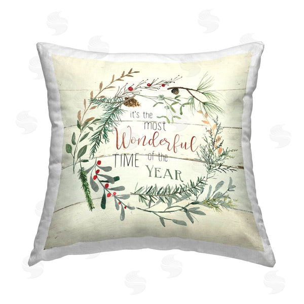stupell industries Carol Robinson | Most Wonderful Time Wreath Printed Throw Pillow
