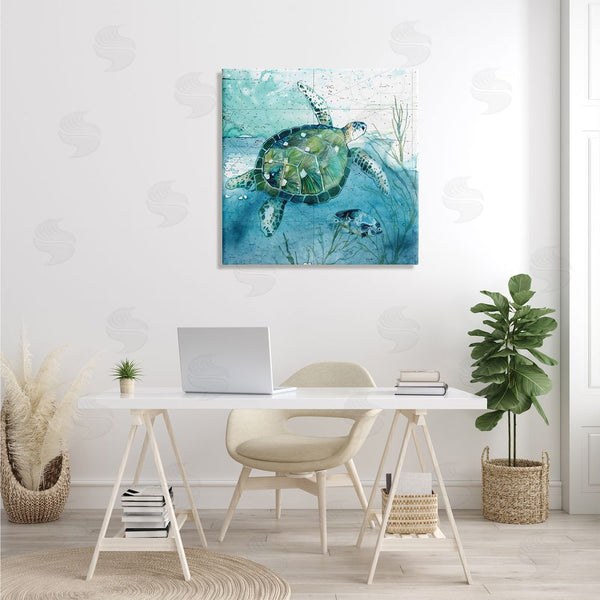 Stupell Industries Carol Robinson | Sea Tortoise And Fish Over Blue Nautical Ocean Map Wall Art