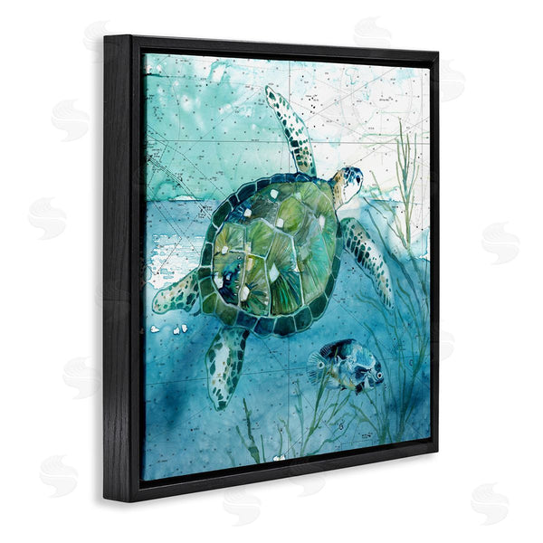 Stupell Industries Carol Robinson | Sea Tortoise And Fish Over Blue Nautical Ocean Map Wall Art