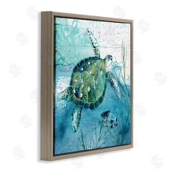 Stupell Industries Carol Robinson | Sea Tortoise And Fish Over Blue Nautical Ocean Map Wall Art