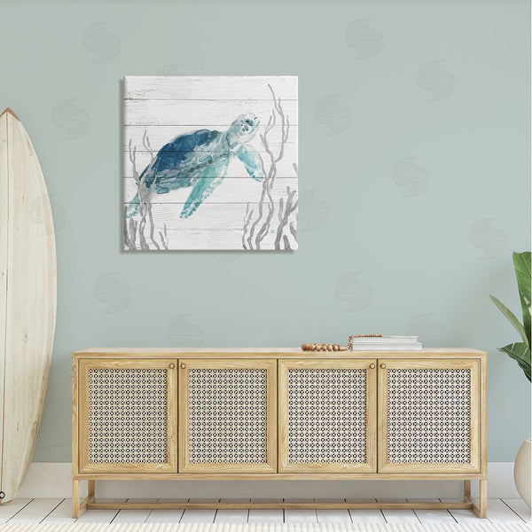 Stupell Industries Carol Robinson | Sea Turtle Ocean Botanicals Rustic Plank Pattern Wall Art