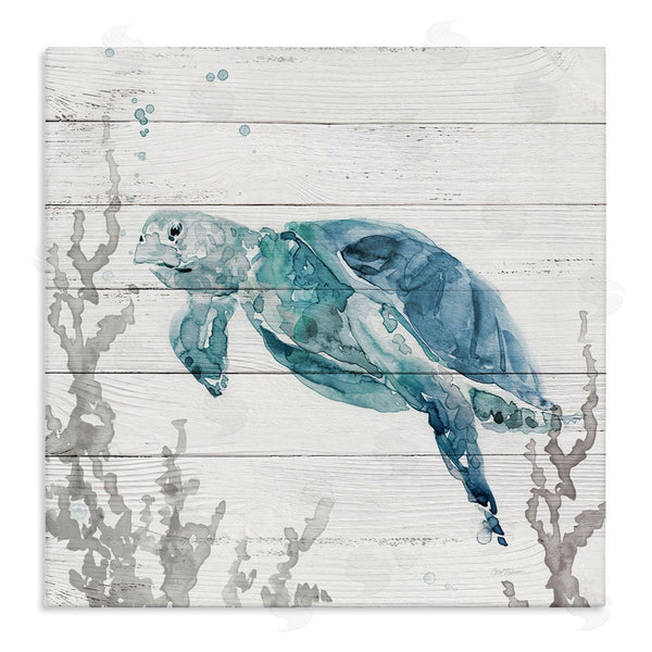 stupell industries Carol Robinson | Swimming Sea Turtle Coral Beach Plank Design Wall Art