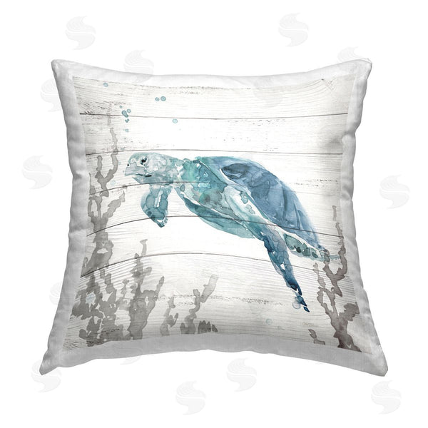 stupell industries Carol Robinson | Turquoise Turtle on Rustic Printed Throw Pillow