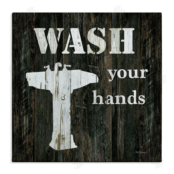 stupell industries Carol Robinson | Wash Your Hands Phrase Rustic Bathroom Sink Wall Art