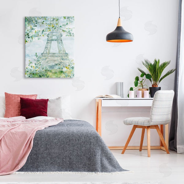 Stupell Industries Carol Robinson | Watercolor Eiffel Tower Painting Soft Green Leaf Trees Wall Art