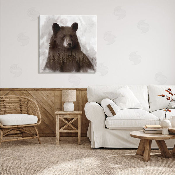 Stupell Industries Carol Robinson | Woodland Brown Bear Portrait Abstract Pine Tree Forest Wall Art