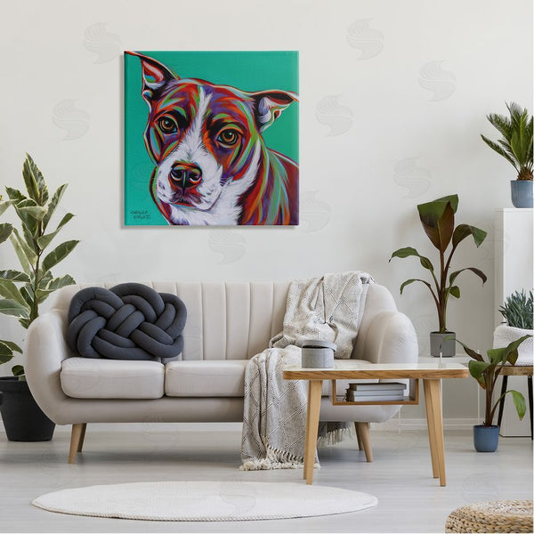 Stupell Industries Carolee Vitaletti | Cute Dog Looking Portrait Bold Green Pop Style Background Wall Art