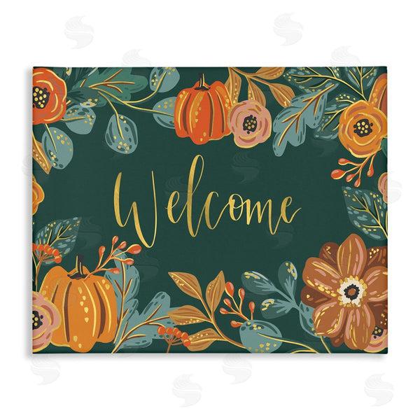 stupell industries Caroline Alfreds | Pumpkin Floral Harvest Welcome Sign Green Orange Wall Art