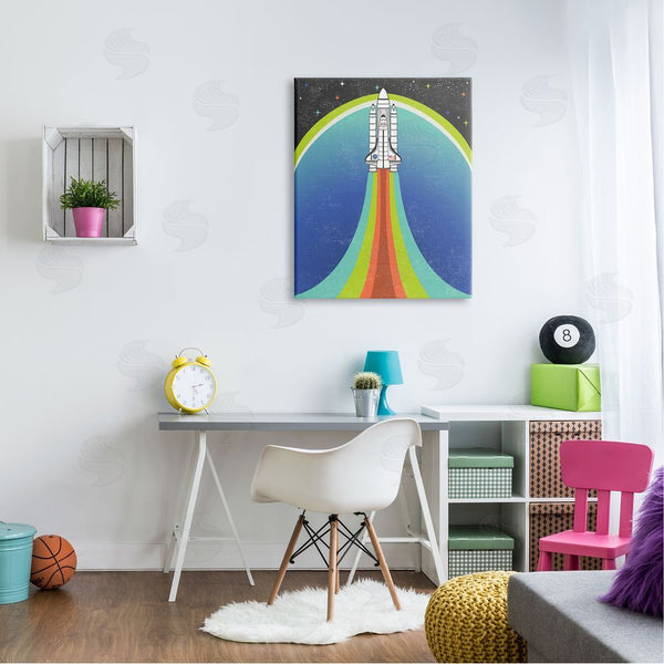 Stupell Industries Caroline Alfreds | Rocket Ship Taking Off Outer Space Striped Pattern Wall Art