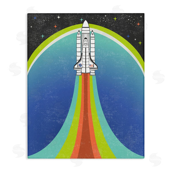 stupell industries Caroline Alfreds | Rocket Ship Taking Off Outer Space Striped Pattern Wall Art