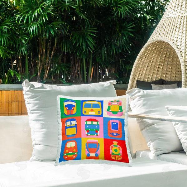 Stupell Industries Carrie Cantwell | Iconic Trains Patchwork Printed Throw Pillow